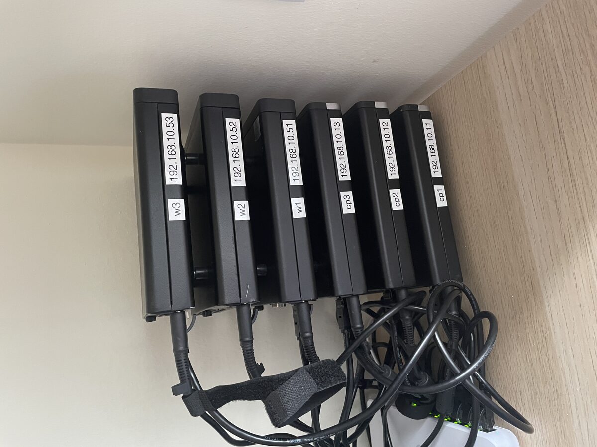 The full cluster stack of HP EliteDesk minis