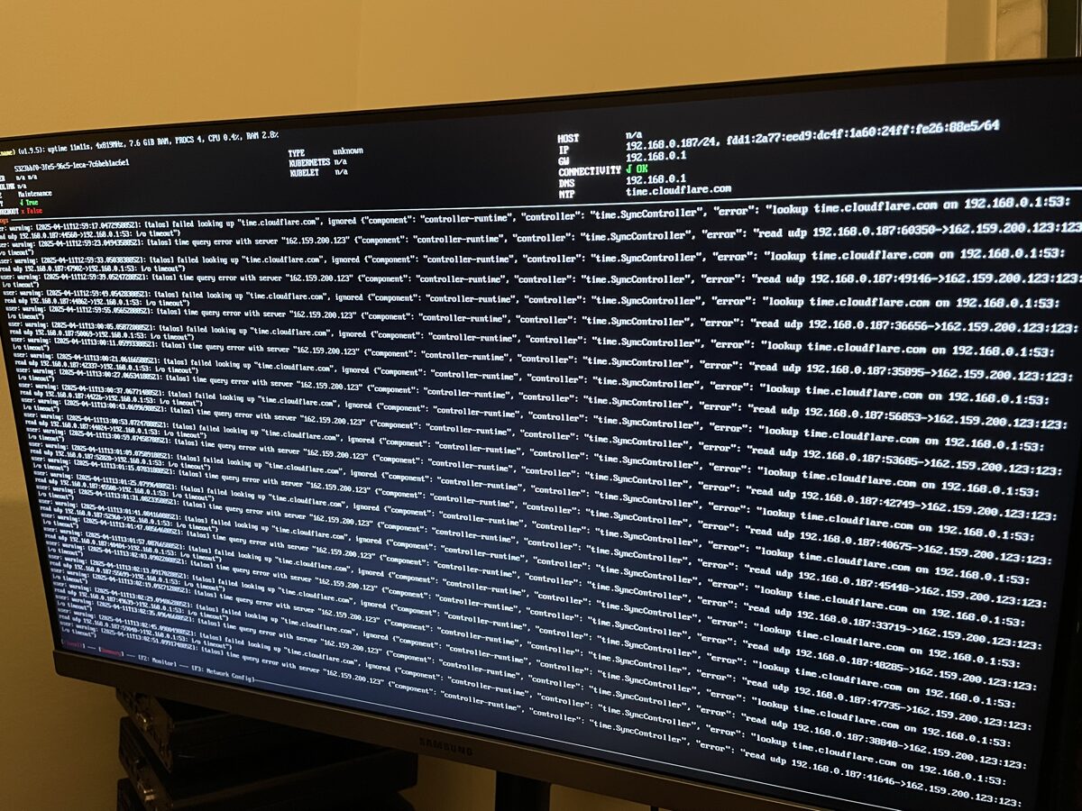 Talos running for the first time on the first control plane node